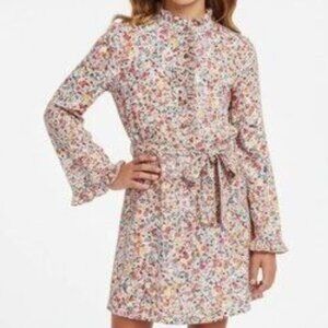 Tory Burch Girl's Size Large Floral Print Ruffle Neck Belted Dress Long Sleeve